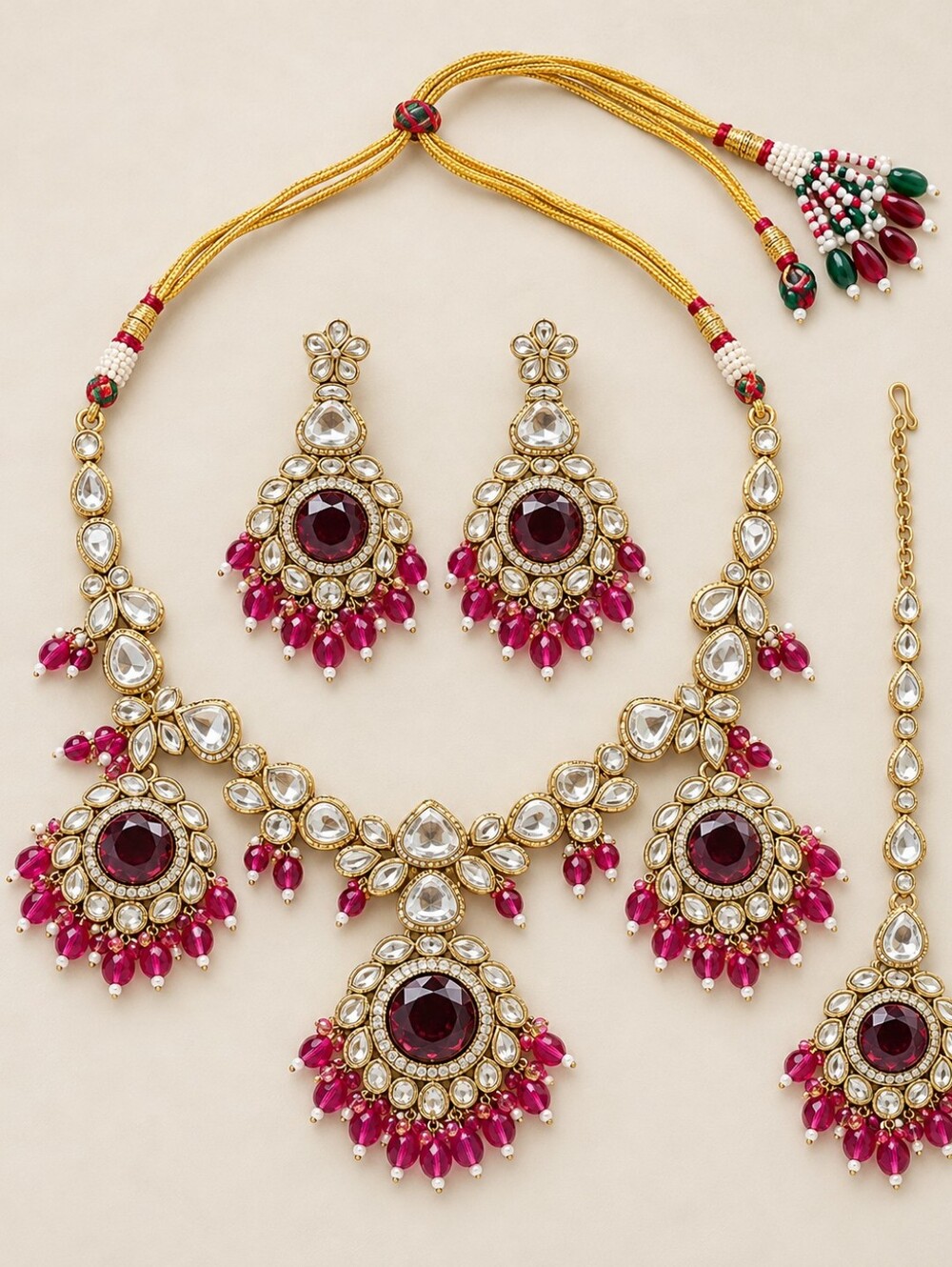 Maroon Kundan Statement Jewelry Set with Jhumka Earrings & Maang Tikka